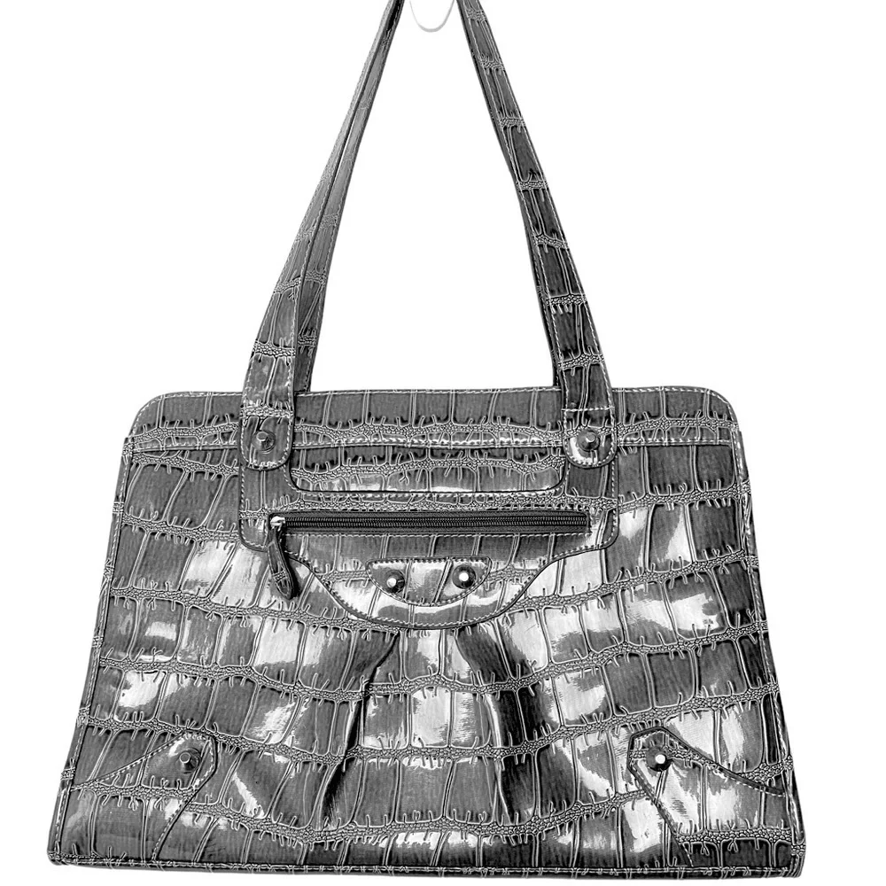 Attention Women Large Purse/Computer Crocodile Embossed Print Bag Gray